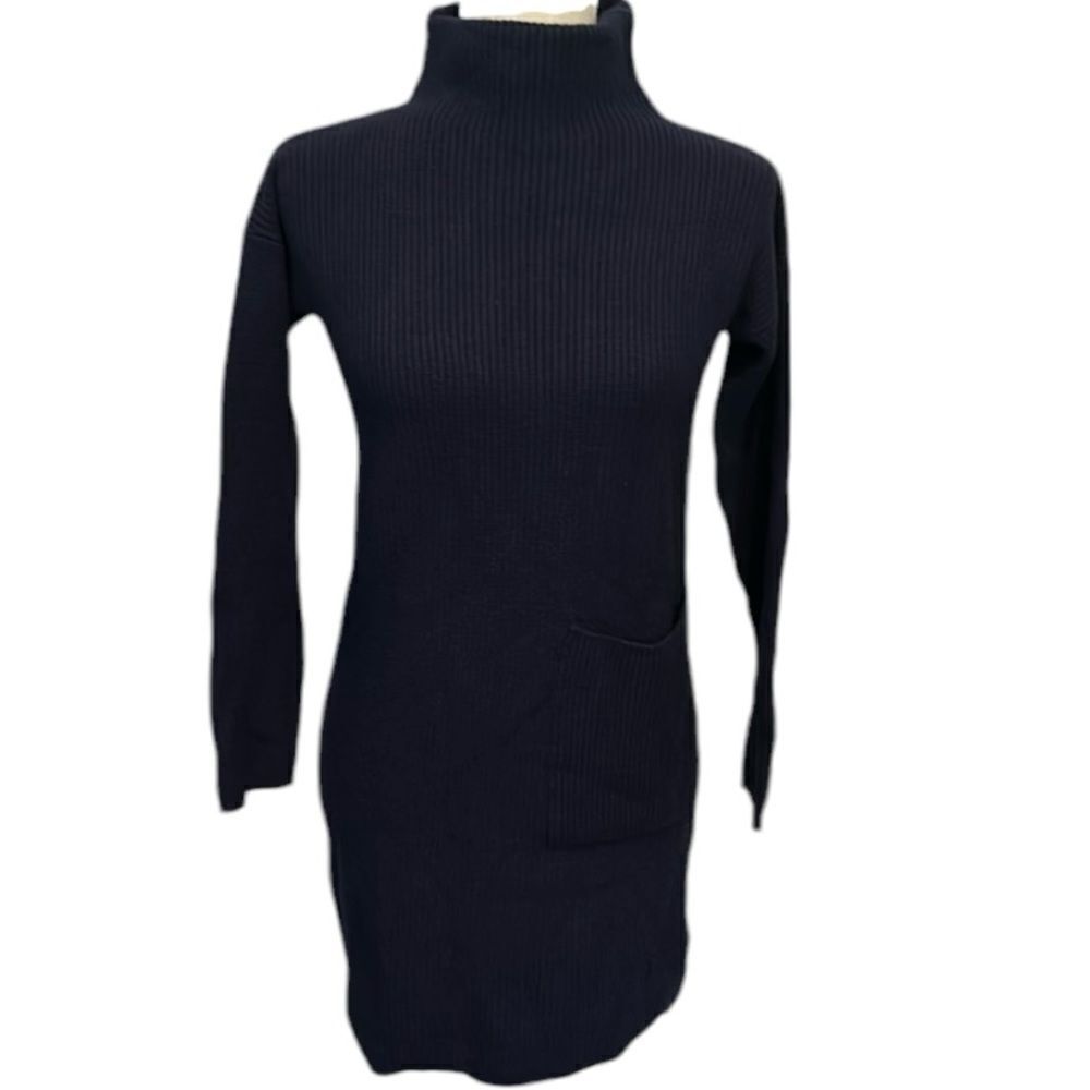 Alpha Studios blue ribbed wool blend sweater dress cashmere large pocket -Medium